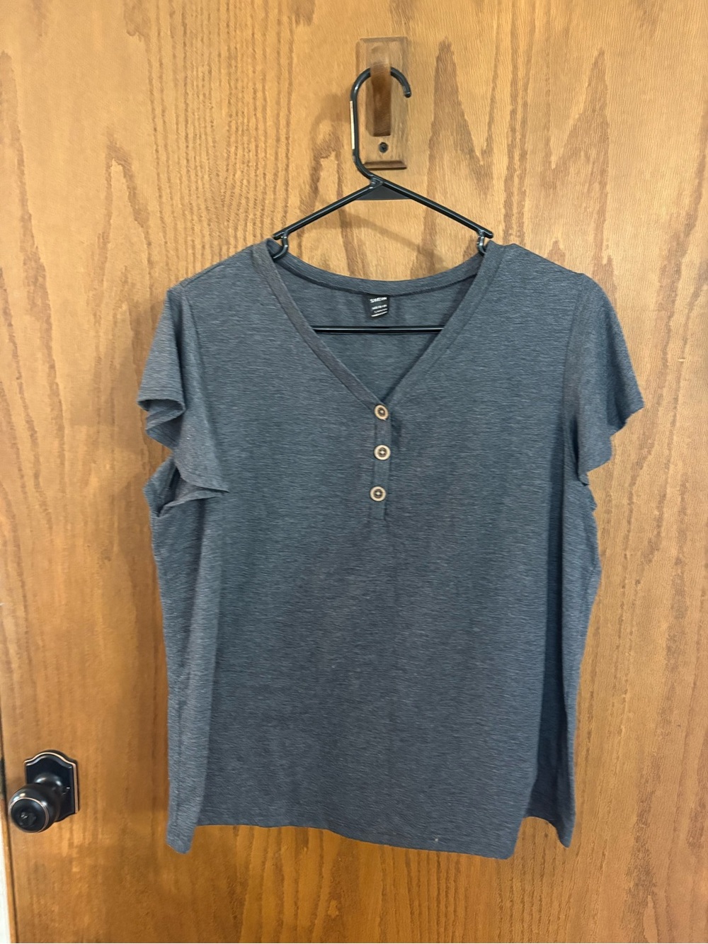 SHEIN Charcoal Gray V-Neck Button Short Sleeve Top
